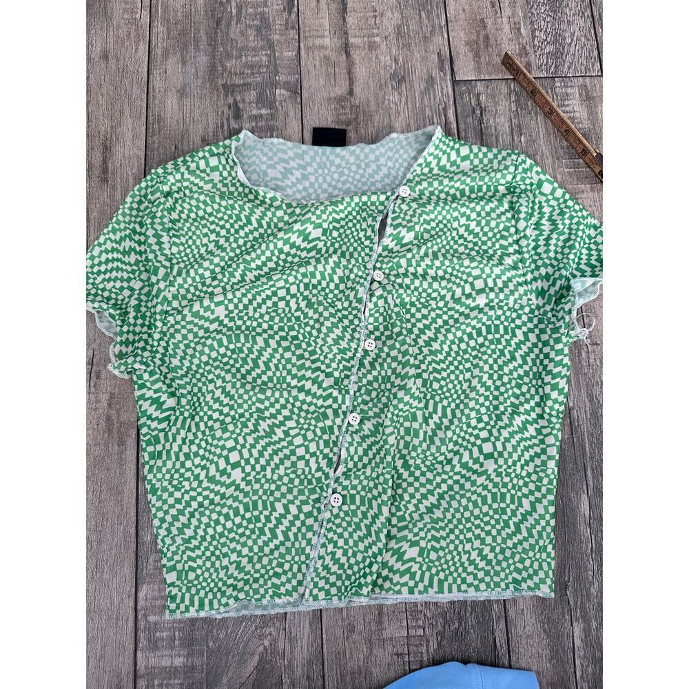 Blanc Women's Green Checkered Print Button Front Blouse Top Size Medium